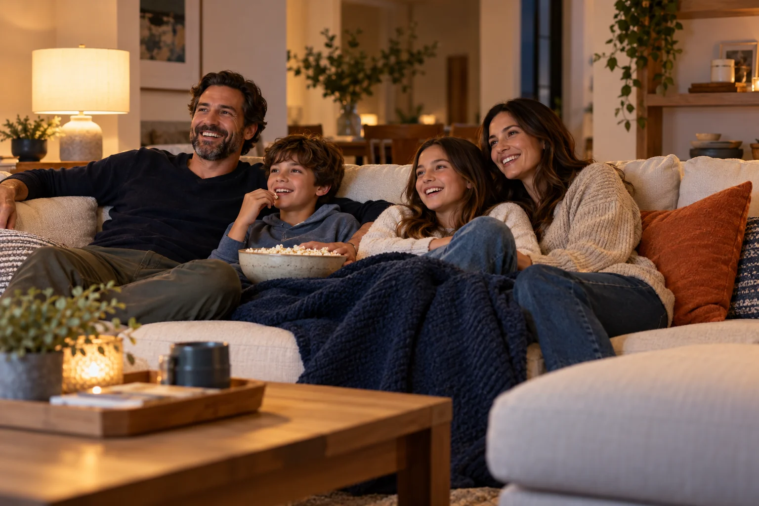 A family enjoying movie night together in a comfortable living room.