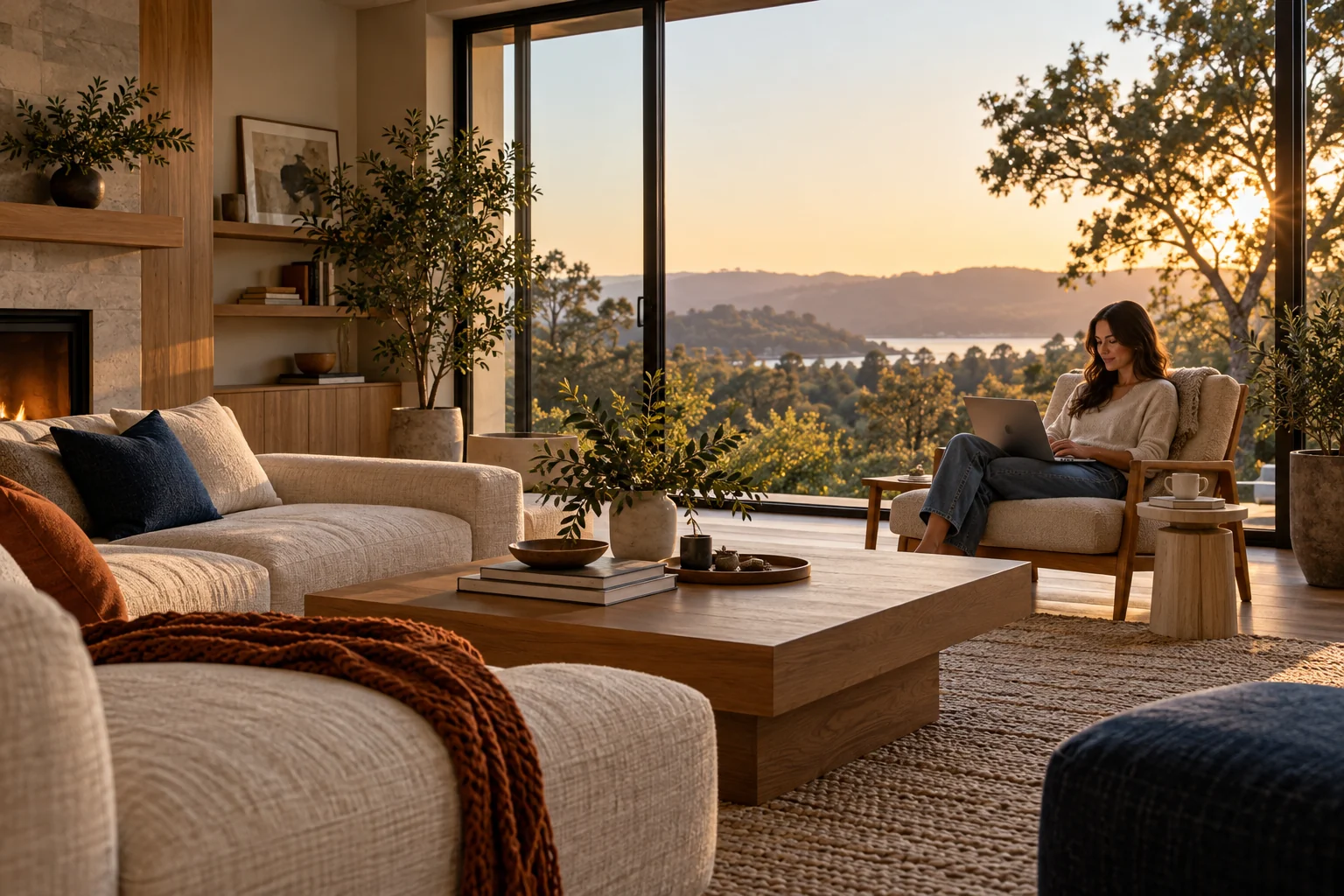 A warm living room with a person using a laptop beside a window.
