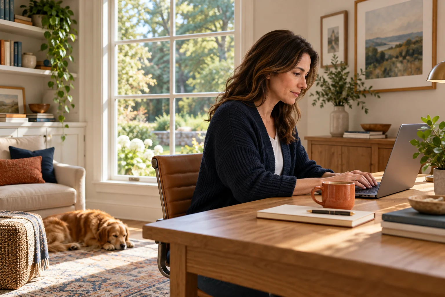 A person working on a laptop in a bright home office.